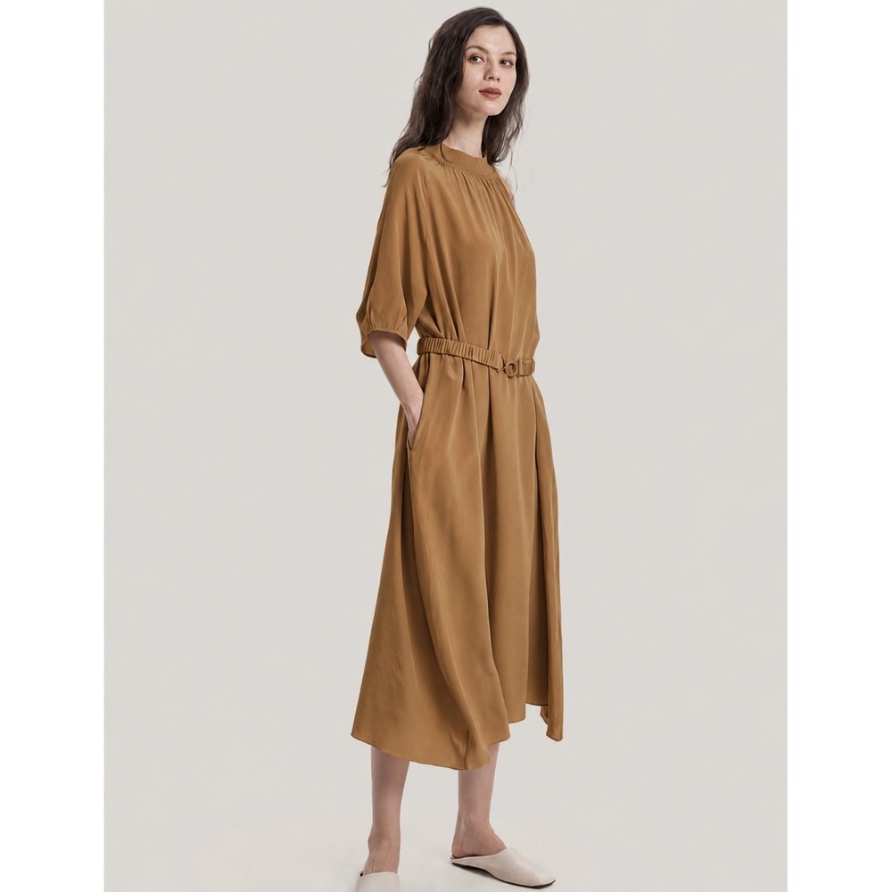 Gentle‎ Herd Silk Mock Neck Midi Dress Camel Tan Short Sleeve Pocket M *No Belt